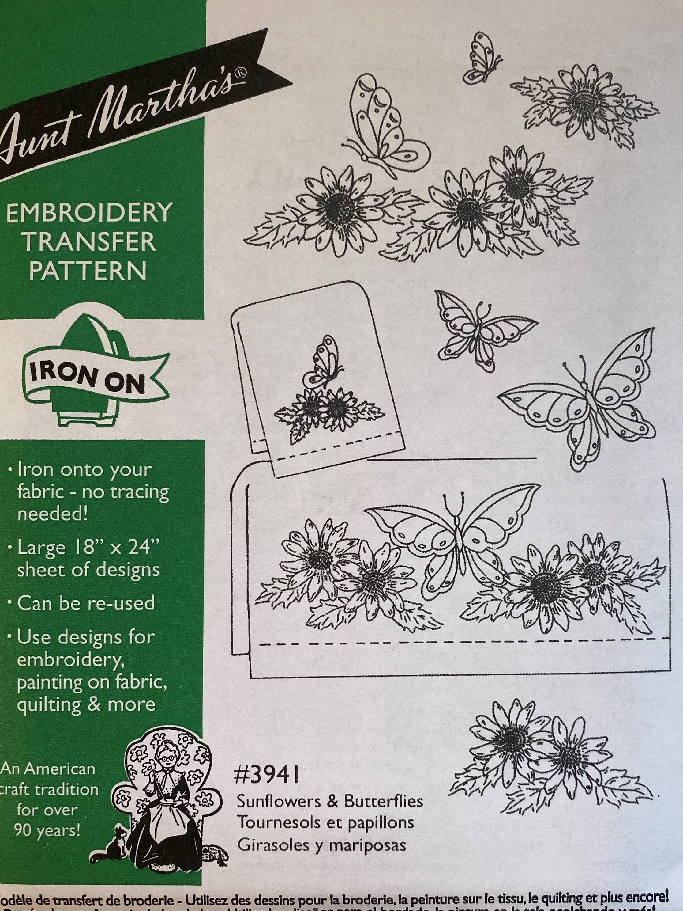 Aunt Martha's Hot Iron Transfer 3941 Sunflowers & Butterflies NEW 